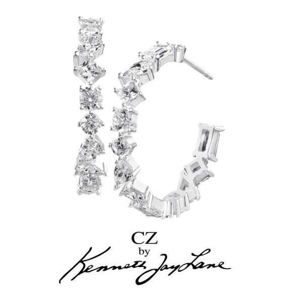 CZ By Kenneth Jay Lane Multi CZ Classic Trend Hoop Earrings - Picture 1 of 5